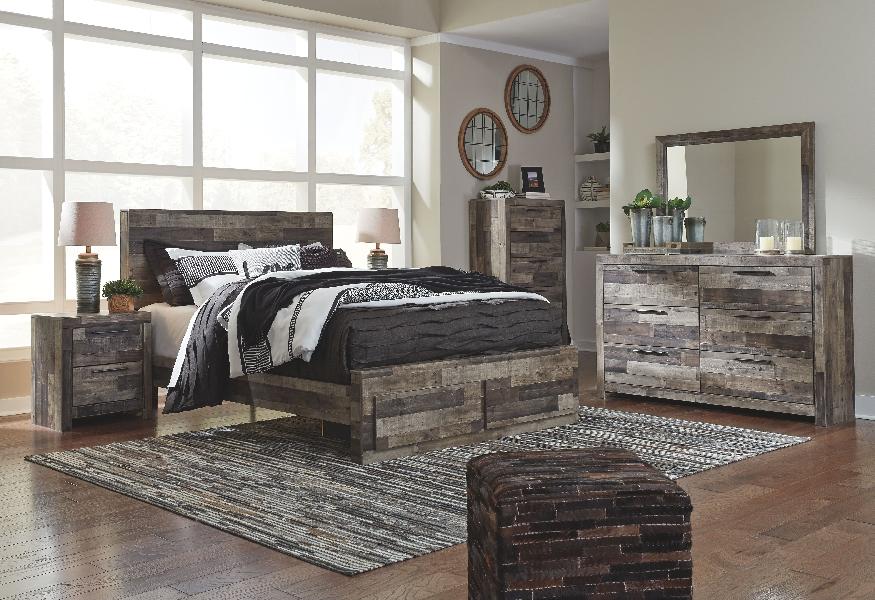 Image of Derekson - 6 Pc. - Dresser, Mirror, Queen Panel Bed with 2 Storage Drawers - Multi Gray