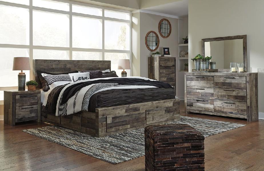 Image of Derekson - 9 Pc. - Dresser, Mirror, King Panel Bed with 6 Storage Drawers, 2 Nightstands - Multi Gray