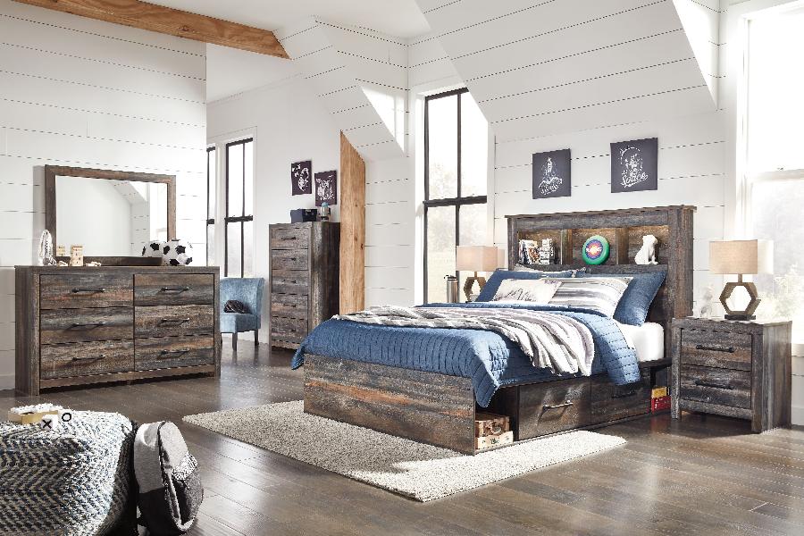 Image of Drystan - Full Bookcase Bed With 4 Storage Drawers - 9 Pc. - Dresser, Mirror, Full Bed, 2 Nightstands - Multi