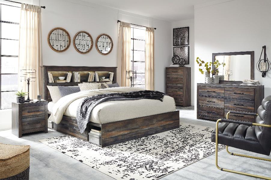 Image of Drystan - King Bookcase Bed With 4 Storage Drawers - 7 Pc. - Dresser, Mirror, King Bed - Multi