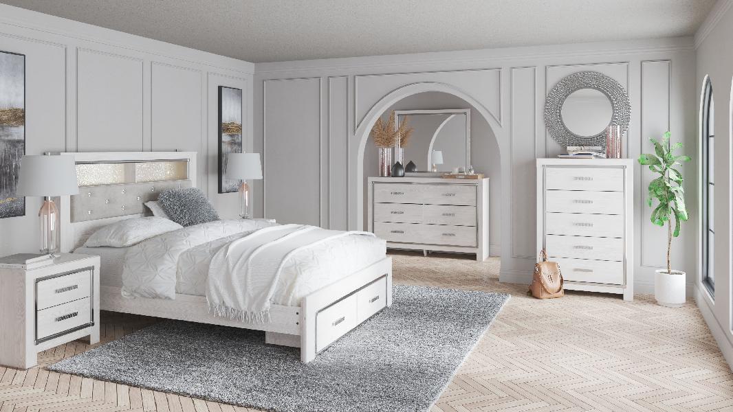 Image of Altyra - King Upholstered Bookcase Bed With Storage - 6 Pc. - Dresser, Mirror, King Bed - White