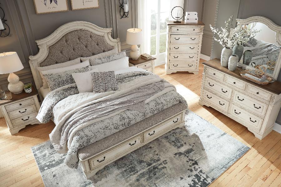 Image of Realyn - California King Upholstered Bed - 6 Pc. - Dresser, Mirror, Chest, Cal King Bed - White / Brown / Beige