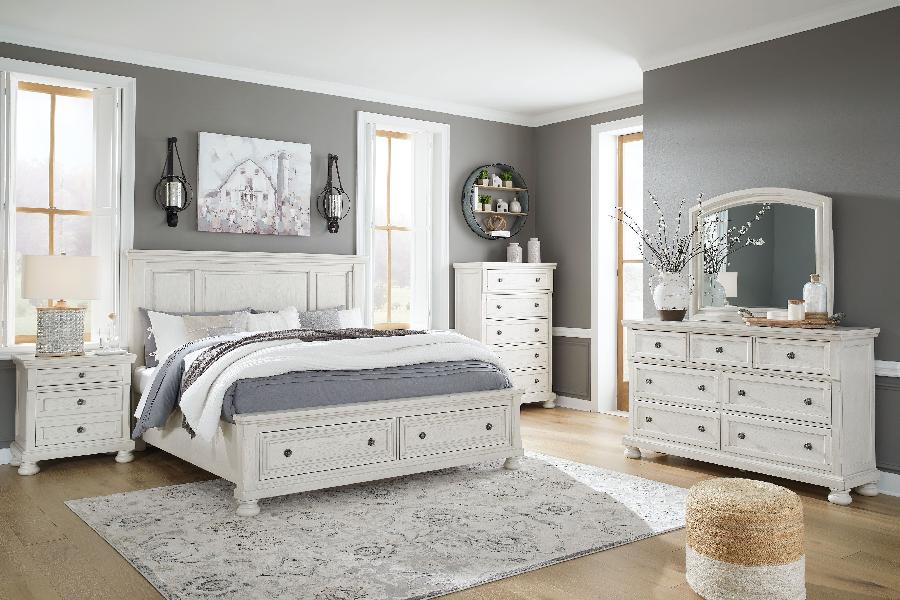 Image of Robbinsdale - 8 Pc. - Dresser, Mirror, Queen Panel Storage Bed, 2 Nightstands - Antique White