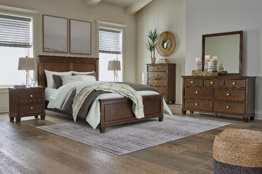 Image of Danabrin - 6 Pc. - Dresser, Mirror, Chest, Queen Panel Bed - Brown