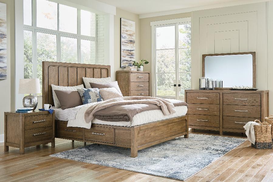 Image of Cabalynn - 7 Pc. - Dresser, Mirror, Chest, King Panel Bed With Storage - Light Brown