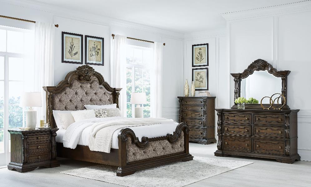 Image of Maylee - 5 Pc. - Dresser, Mirror, Queen Upholstered Bed - Dark Brown