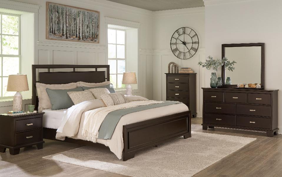 Image of Covetown - 5 Pc. - Dresser, Mirror, Chest, Queen Panel Bed - Dark Brown