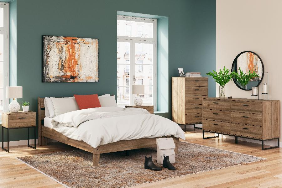 Image of Deanlow - 6 Pc. - Dresser, Chest, Queen Platform Panel Bed, 2 Nightstands - Honey