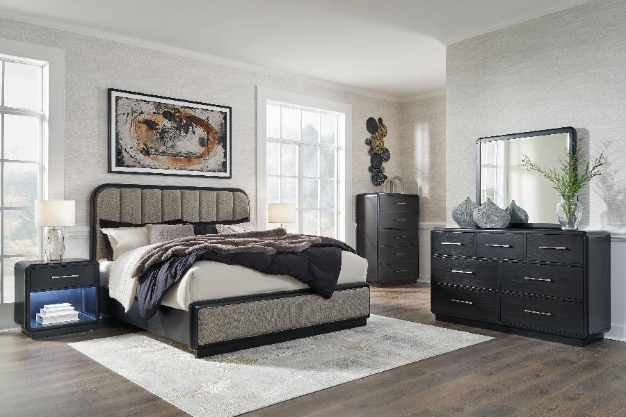 Image of Rowanbeck - 6 Pc. - Dresser, Mirror, King Upholstered Panel Bed, 2 Nightstands - Gray / Black