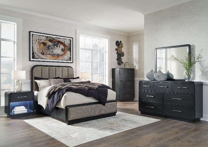 Image of Rowanbeck - 7 Pc. - Dresser, Mirror, Chest, Queen Upholstered Panel Bed, 2 Nightstands - Gray / Black