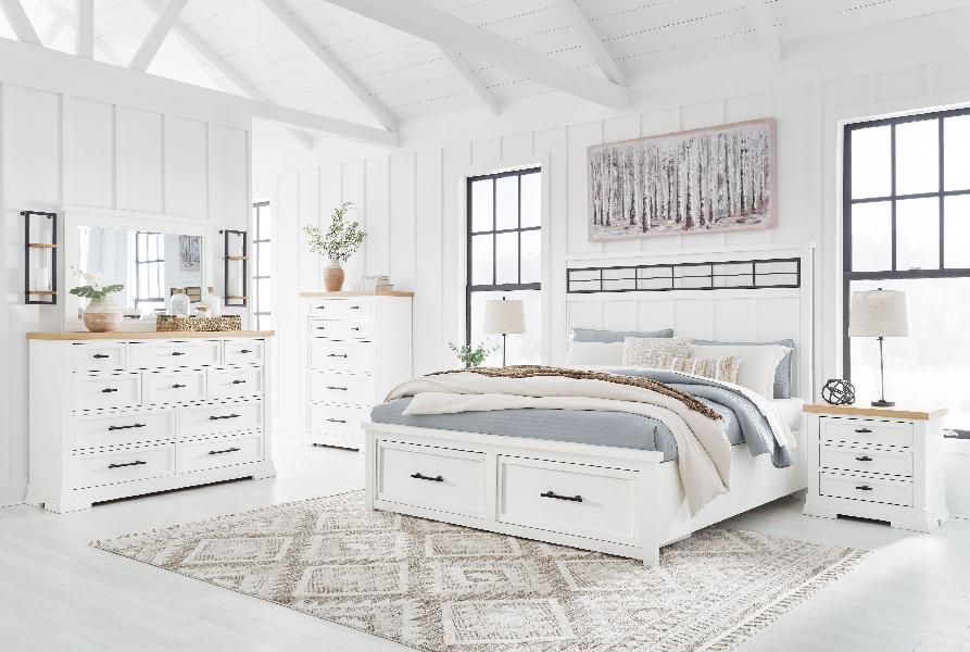 Image of Ashbryn - 7 Pc. - Dresser, Mirror, Queen Panel Storage Bed, 2 Nightstands - White / Natural