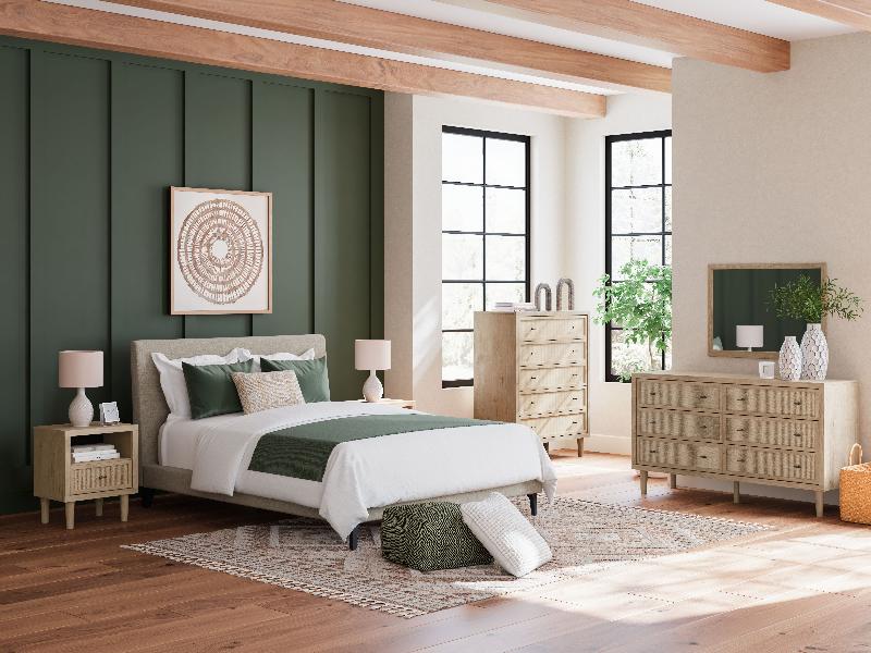 Image of Cielden - 4 Pc. - Dresser, Mirror, Chest, Queen Upholstered Bed With Roll Slats - Soft Gray / Beige