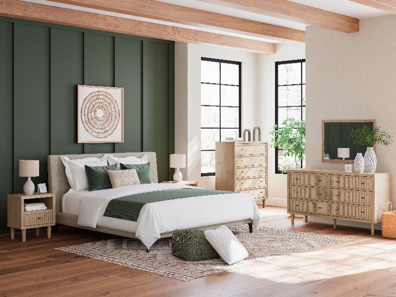 Image of Cielden - 4 Pc. - Dresser, Mirror, Chest, California King Upholstered Bed With Roll Slats - Soft Gray / Beige