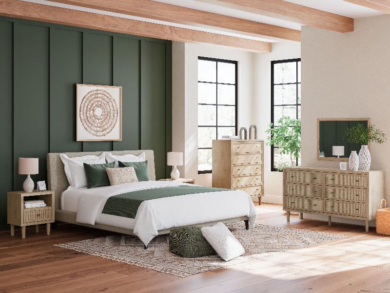 Image of Cielden - 3 Pc. - Dresser, Mirror, King Upholstered Bed With Roll Slats - Soft Gray / Beige