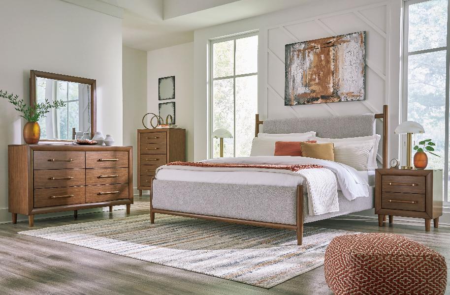 Image of Lyncott - 6 Pc. - Dresser, Mirror, California King Upholstered Bed, 2 Nightstands - Brown