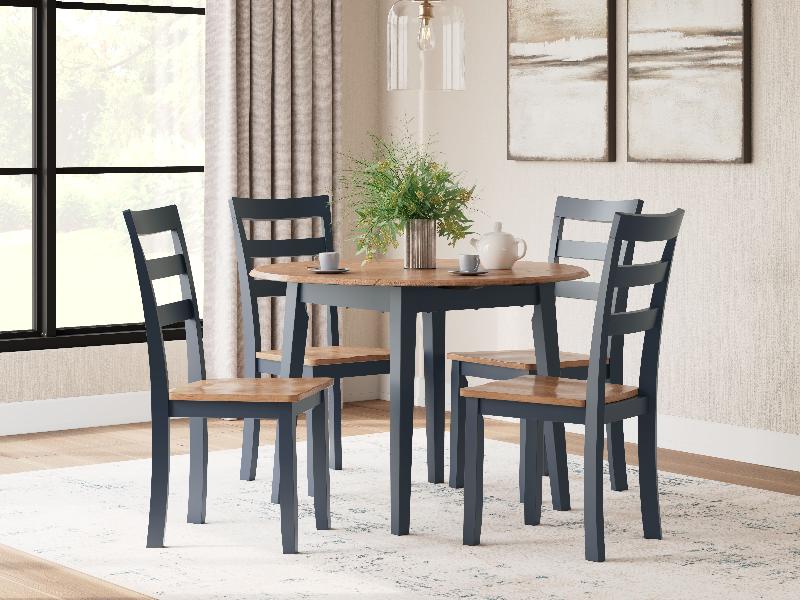 Image of Gesthaven - 5 Pc. - Round Dining Room Drop Leaf Table, 4 Side Chairs - Natural / Blue