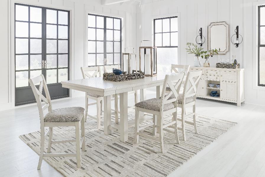 Image of Robbinsdale - 8 Pc. - Rectangular Counter Height Dining Extension Table, 6 Barstools, Server - Antique White