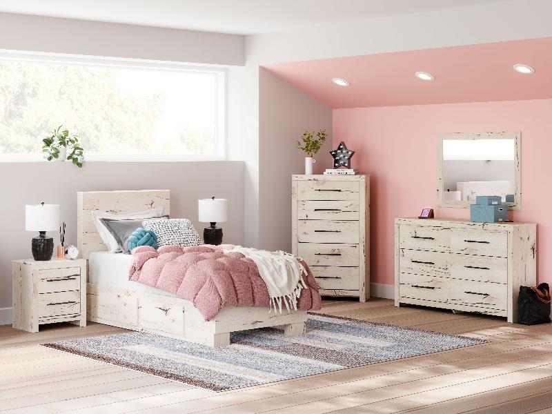 Image of Lawroy - 7 Pc. - Dresser, Mirror, Twin Panel Bed With 2 Under Bed Storage Units - Light Natural