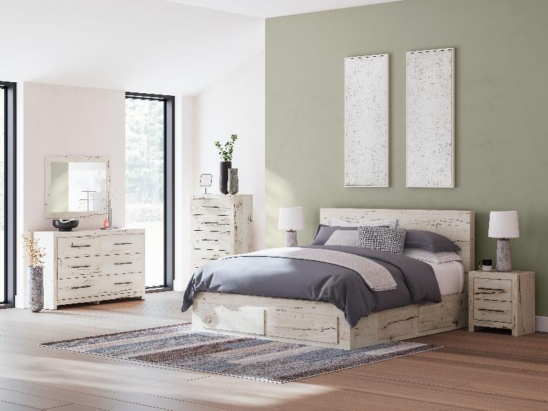 Image of Lawroy - 9 Pc. - Dresser, Mirror, King Panel Bed With Storage Footboard And 2 Under Bed Storage Units, 2 Nightstands - Light Natural