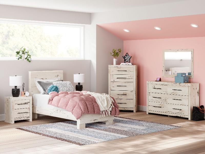 Image of Lawroy - 6 Pc. - Dresser, Mirror, Chest, Twin Panel Bed - Light Natural
