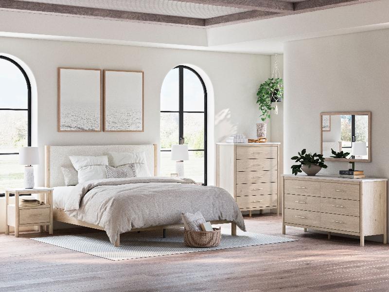 Image of Cadmori - 7 Pc. - Dresser, Mirror, King Upholstered Panel Bed, 2 Nightstands - Two-tone