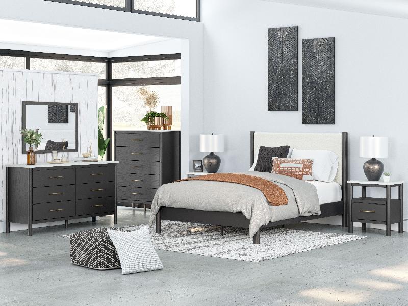 Image of Cadmori - 5 Pc. - Dresser, Mirror, Queen Upholstered Panel Bed - Black / White