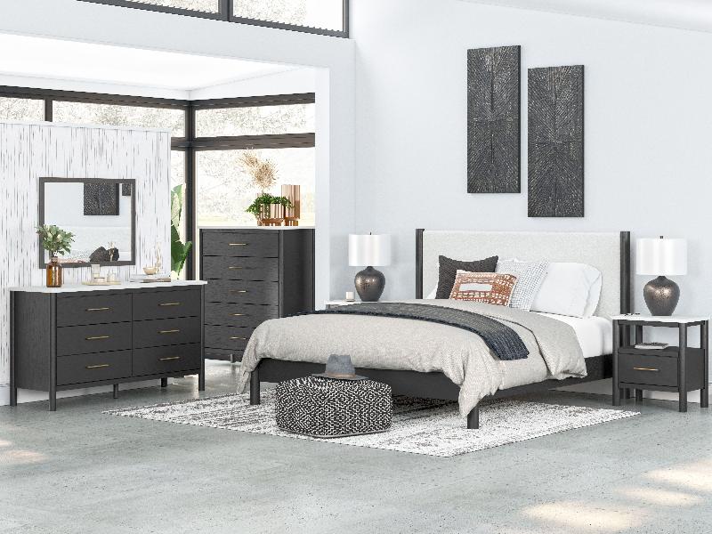Image of Cadmori - 7 Pc. - Dresser, Mirror, King Upholstered Panel Bed, 2 Nightstands - Black / White