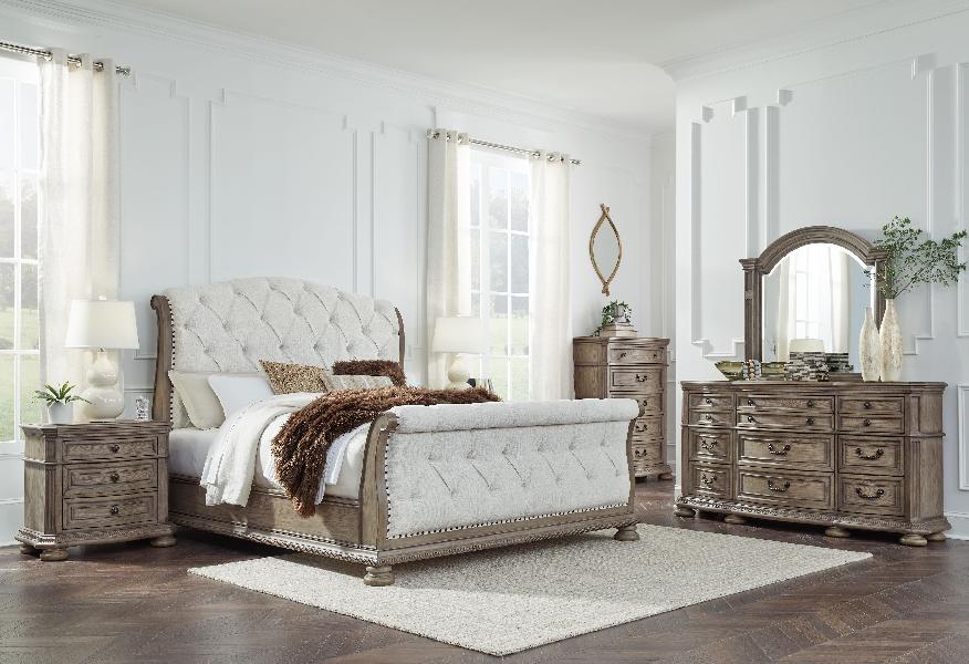 Image of Ardenfield - 7 Pc. - Dresser, Mirror, California King Upholstered Sleigh Bed, 2 Nightstands - Light Brown