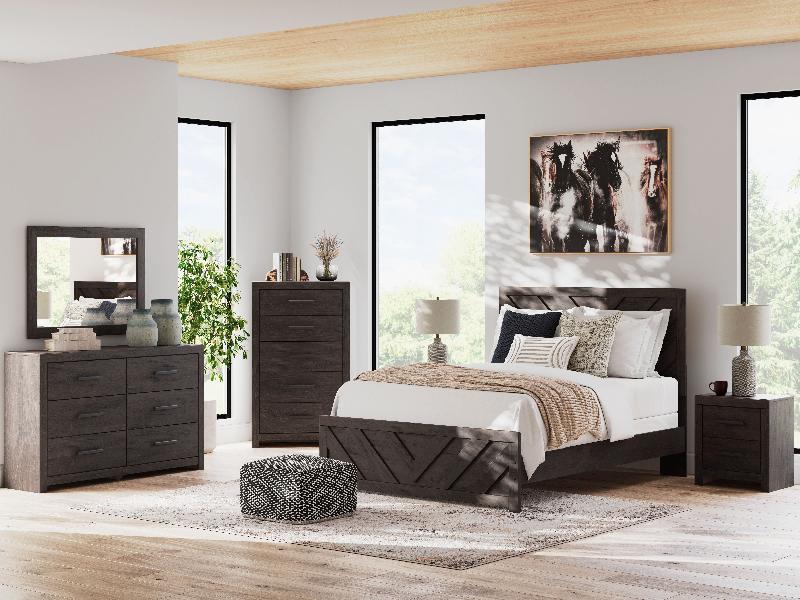 Image of Prendonea - 5 Pc. - Dresser, Mirror, Chest, Queen Panel Bed - Charcoal