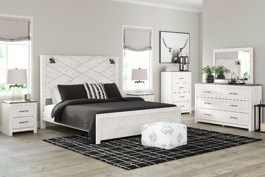 Image of Gerridan - 8 Pc. - Dresser, Mirror, Chest, King Panel Bed with Sconces, 2 Nightstands - White