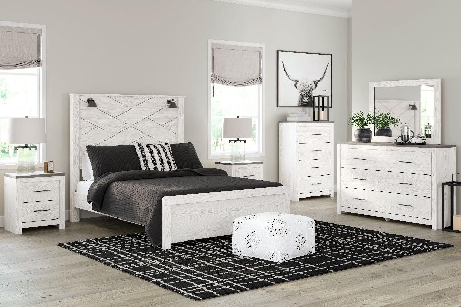 Image of Gerridan - 7 Pc. - Dresser, Mirror, Queen Panel Bed with Sconces, 2 Nightstands - White
