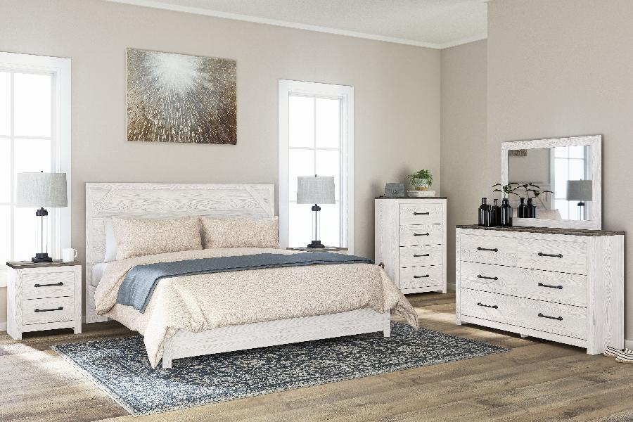 Image of Gerridan - 6 Pc. - Dresser, Mirror, King Panel Bed, 2 Nightstands - White / Gray