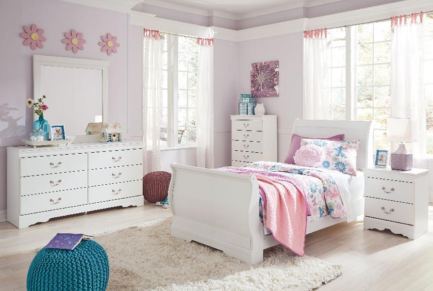 Image of Anarasia - 6 Pc. - Dresser, Mirror, Chest, Twin Sleigh Bed - White
