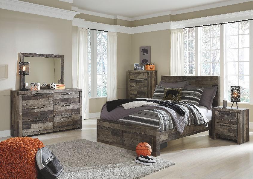 Image of Derekson - 7 Pc. - Dresser, Mirror, Chest, Full Panel Bed with 2 Storage Drawers - Multi Gray