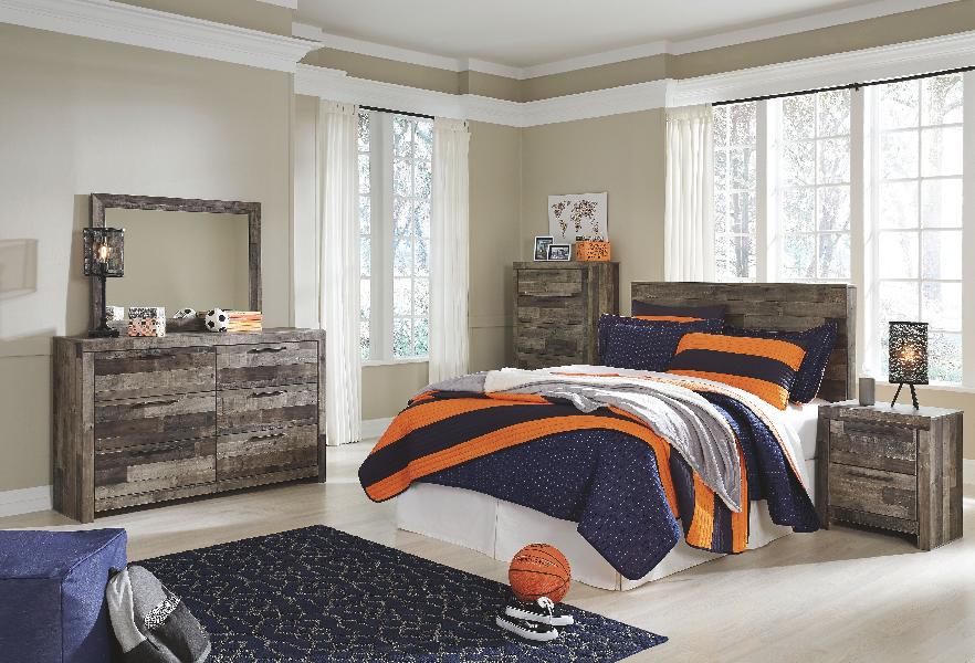 Image of Derekson - 6 Pc. - Full Panel Headboard with Bolt on Bed Frame, Dresser, Mirror, Chest, Nightstand - Multi Gray