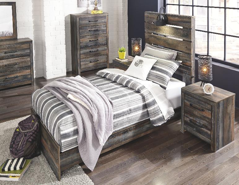 Image of Drystan - 6 Pc. - Dresser, Mirror, Chest, Twin Panel Bed - Brown / Beige