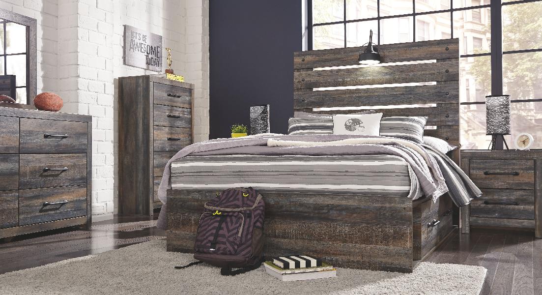 Image of Drystan - 9 Pc. - Dresser, Mirror, Chest, Full Panel Bed with 2 Side Drawers, 2 Nightstands - Brown / Beige