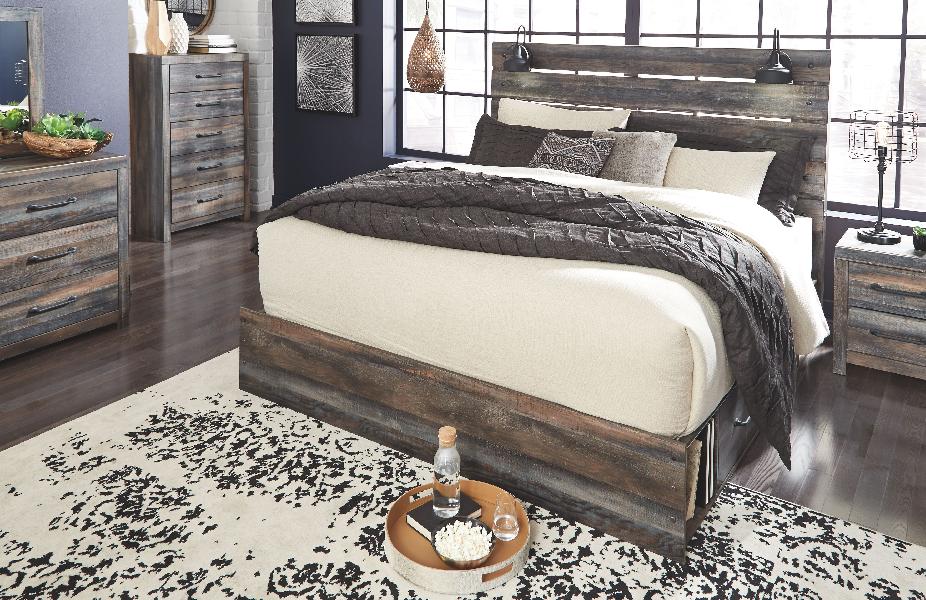 Image of Drystan - 7 Pc. - Dresser, Mirror, King Panel Bed with 4 Side Drawers - Brown / Beige