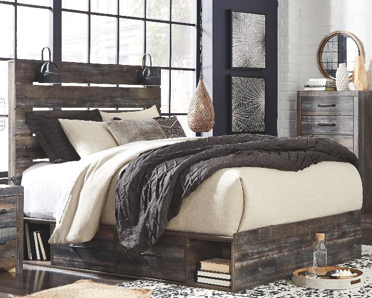 Image of Drystan - Queen Panel Bed with 2 Side Drawers - Brown / Beige