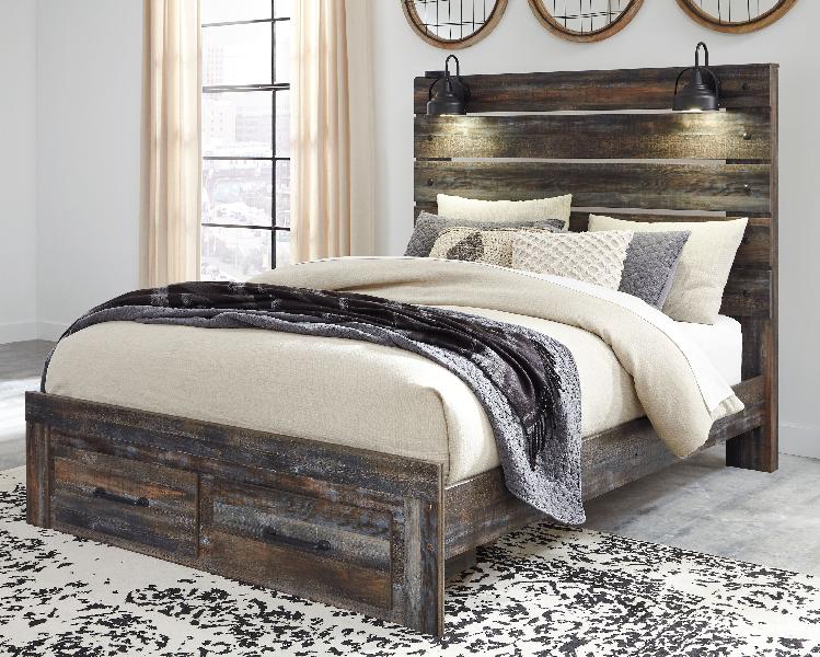 Image of Drystan - Queen Panel Bed with 2 Storage Drawers - Brown / Beige