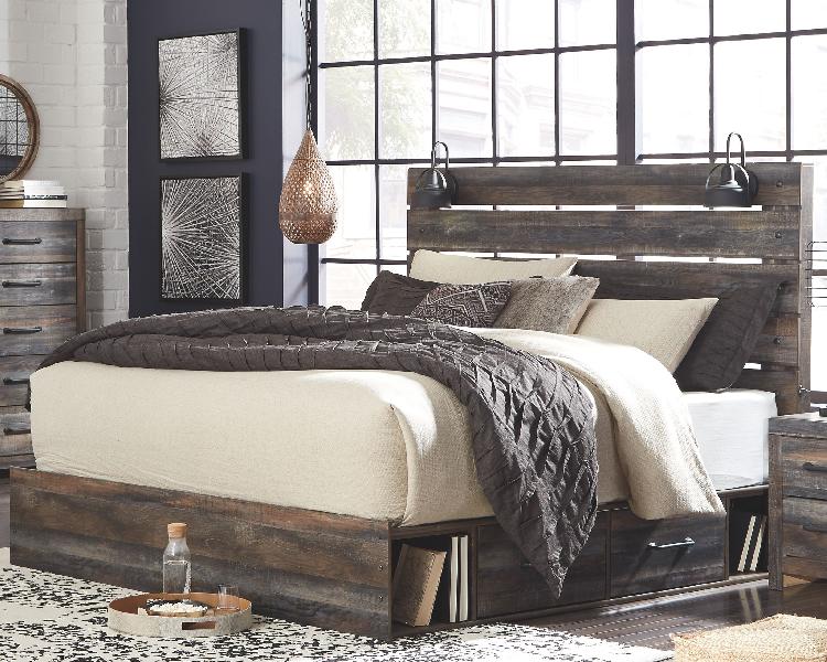 Image of Drystan - King Panel Bed with 2 Side Drawers - Brown / Beige