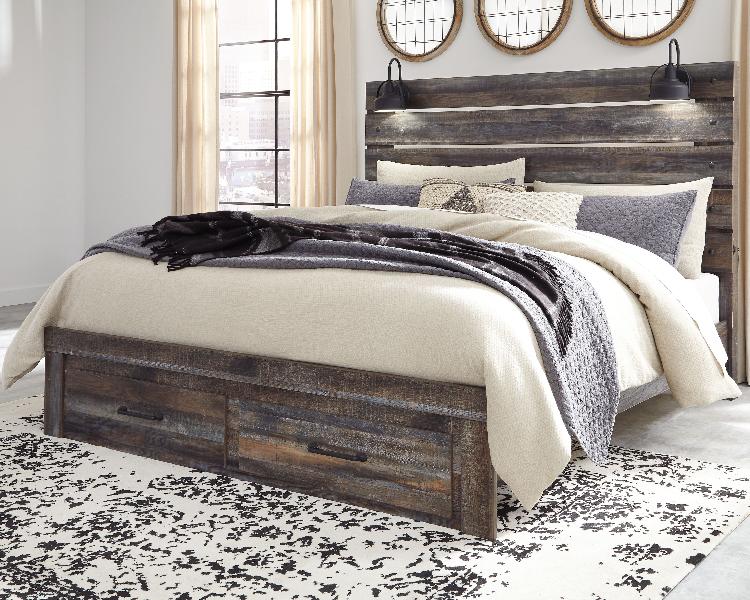 Image of Drystan - King Panel Bed with 2 Storage Drawers - Brown / Beige