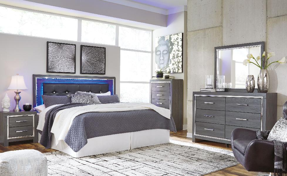 Image of Lodanna - 6 Pc. - Dresser, Mirror, Chest, King Upholstered Panel Headboard with Bolt on Bed Frame, Nightstand - Gray