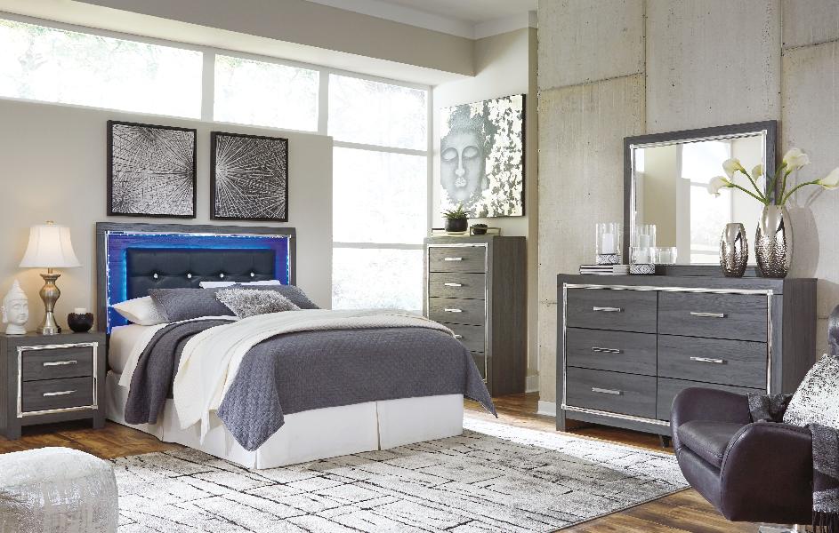 Image of Lodanna - 4 Pc. - Dresser, Mirror, Queen Upholstered Panel Headboard with Bolt on Bed Frame - Gray