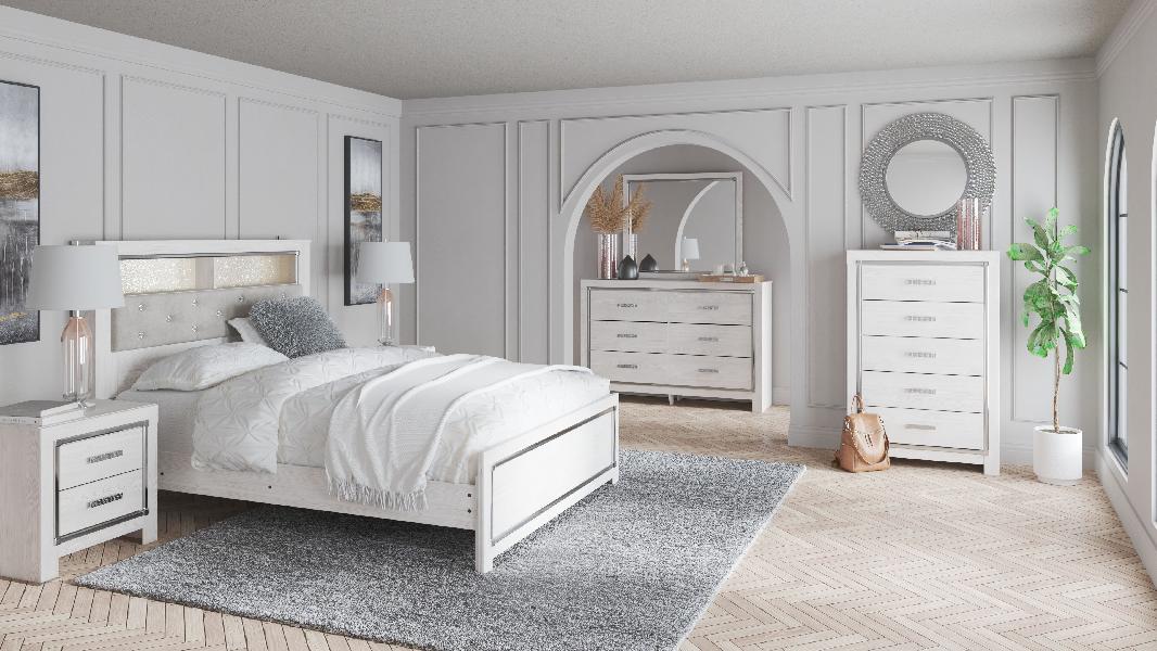 Image of Altyra - 5 Pc. - Dresser, Mirror, Queen Panel Bookcase Bed - White