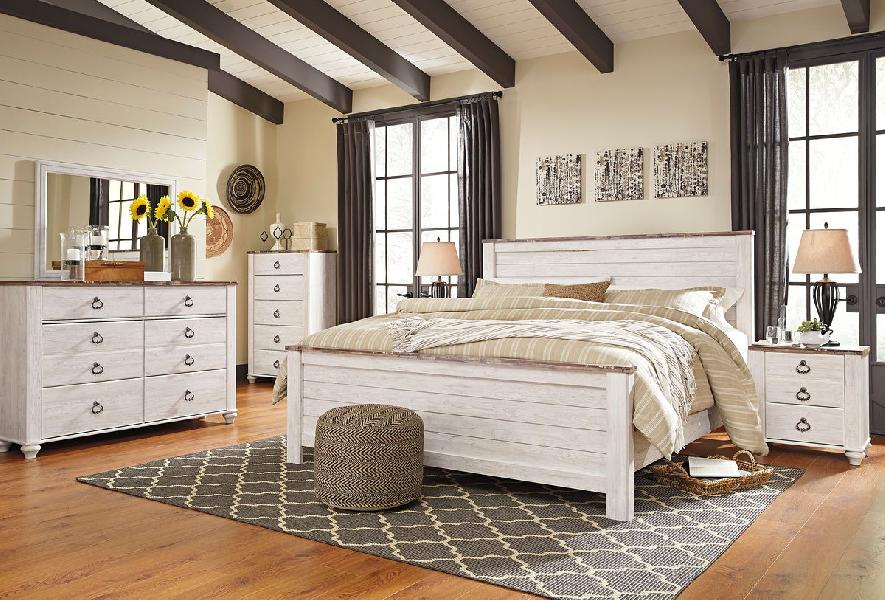 Image of Willowton - 6 Pc. - Dresser, Mirror, Chest, California King Panel Bed - Whitewash