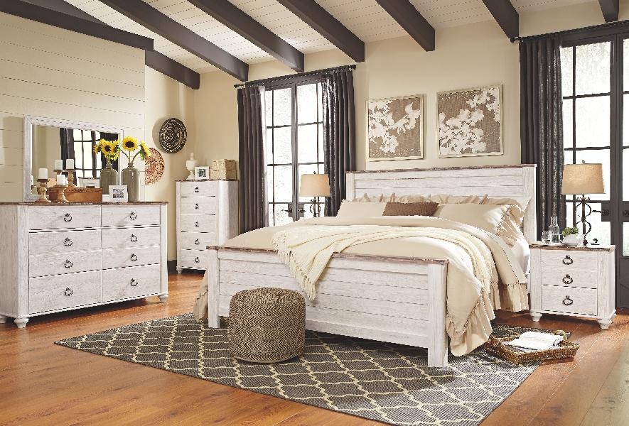 Image of Willowton - 5 Pc. - Dresser, Mirror, California King Panel Bed - Whitewash
