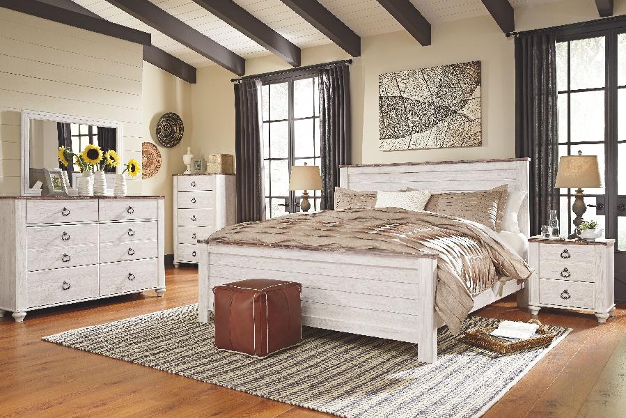 Image of Willowton - 7 Pc. - Dresser, Mirror, California King Panel Bed, 2 Nightstands - Whitewash