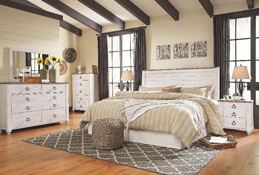 Image of Willowton - 6 Pc. - Dresser, Mirror, Chest, King Panel Headboard, 2 Nightstands - Whitewash
