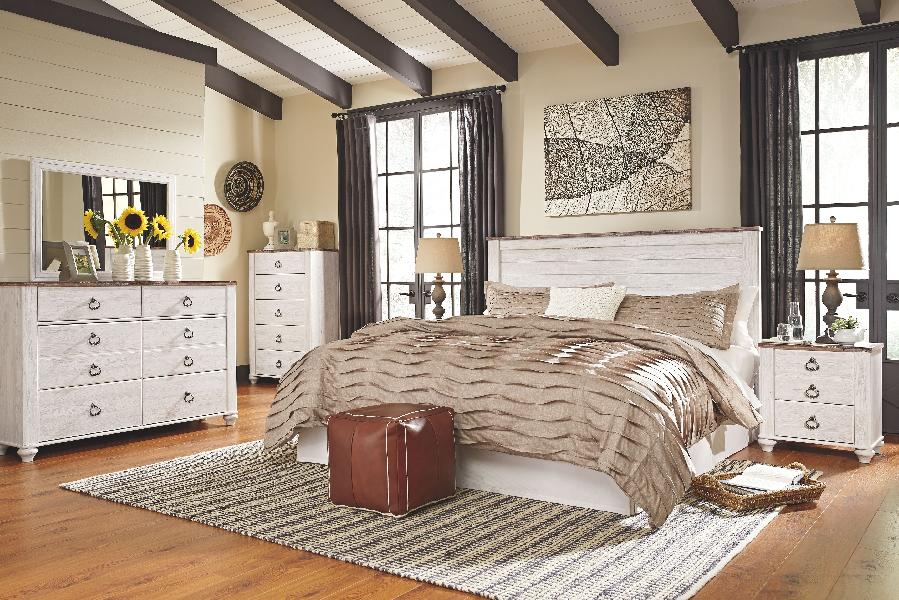 Image of Willowton - 5 Pc. - Dresser, Mirror, King Panel Headboard, 2 Nightstands - Whitewash